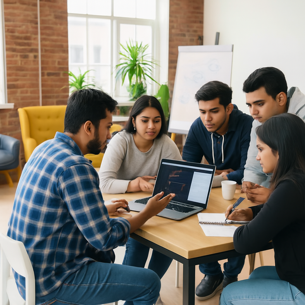 Students collaborating and learning tech skills